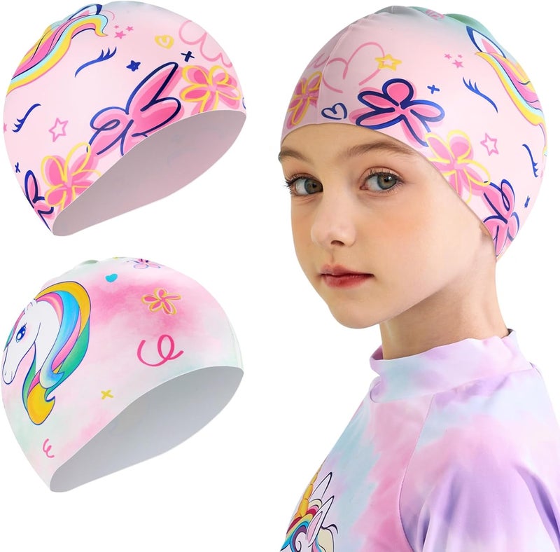 WAWSAM 2 Pack Kids Swim Cap Silicone Waterproof Swim Caps for Boys Girls (3-8 Years) Unicorn Mermaid Design Swimming Cap for Kids 3-8 Long and Short Hair - Image 1